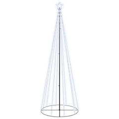 A 3x10 ft white cone-shaped Christmas tree with 310 cold white LEDs and a star topper.