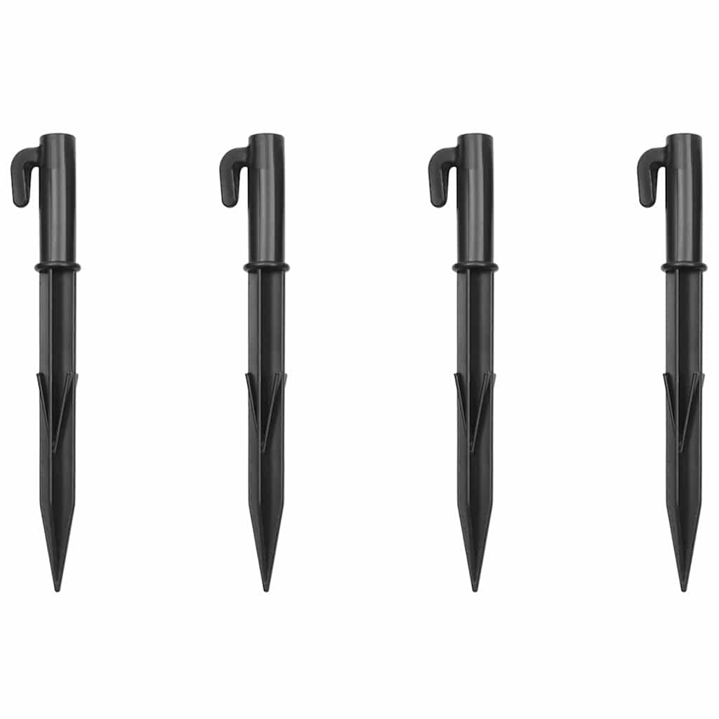 Four black plastic ground stakes for securing outdoor decorations or lights.