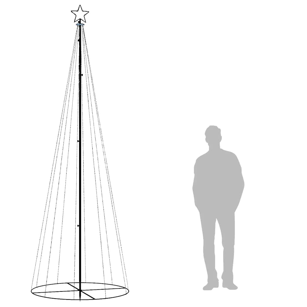 3x10 ft cone-shaped Christmas tree with 310 cold white LEDs and a human for scale.