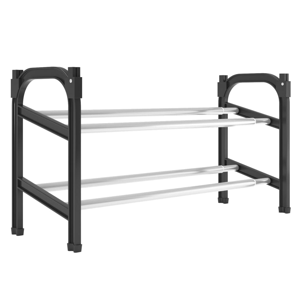 Black and silver extendable aluminum shoe rack with two shelves.