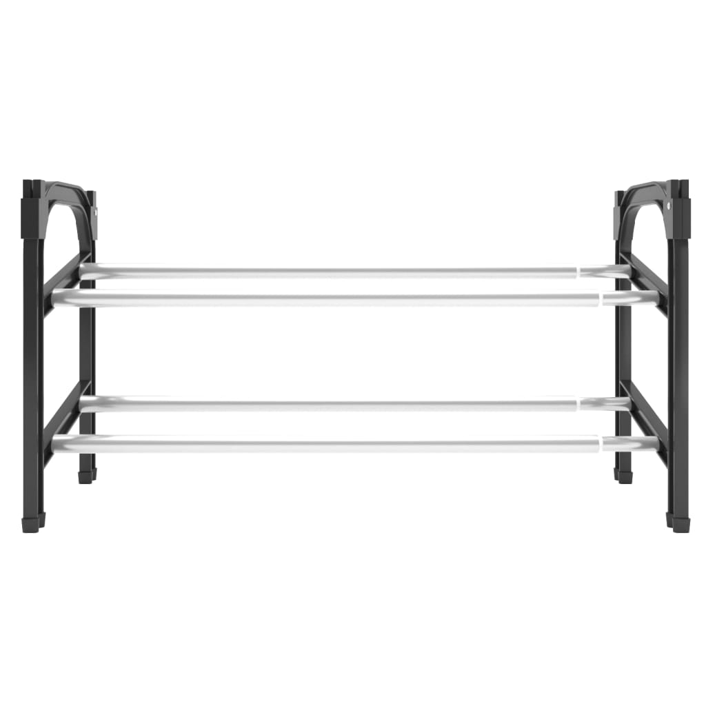 Black and silver extendable aluminum shoe rack with two shelves.