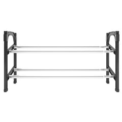 Black and silver extendable aluminum shoe rack with two shelves.