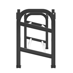 Black and silver extendable aluminum shoe rack with two shelves and sturdy frame.