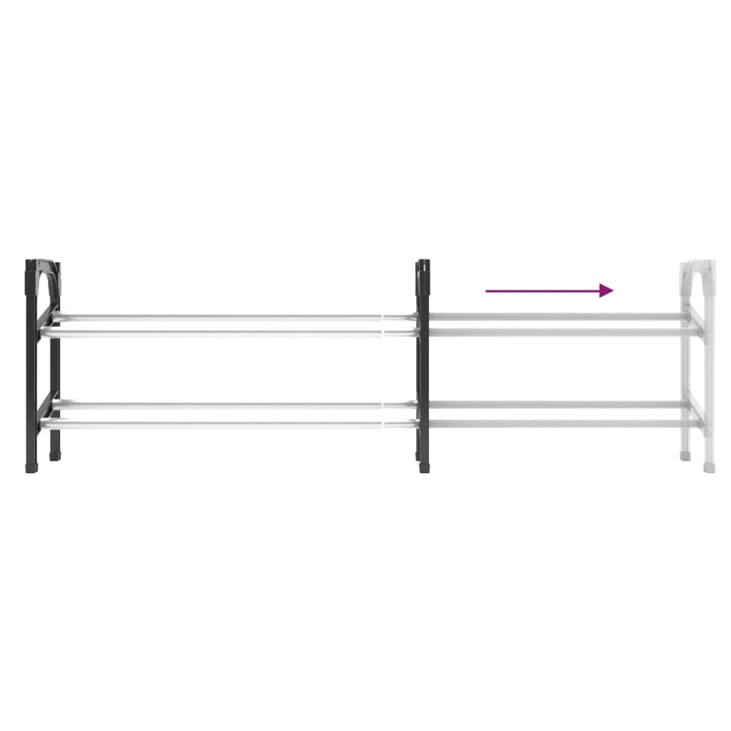 Extendable black and silver aluminum shoe rack with two shelves, shown assembled and adjustable.