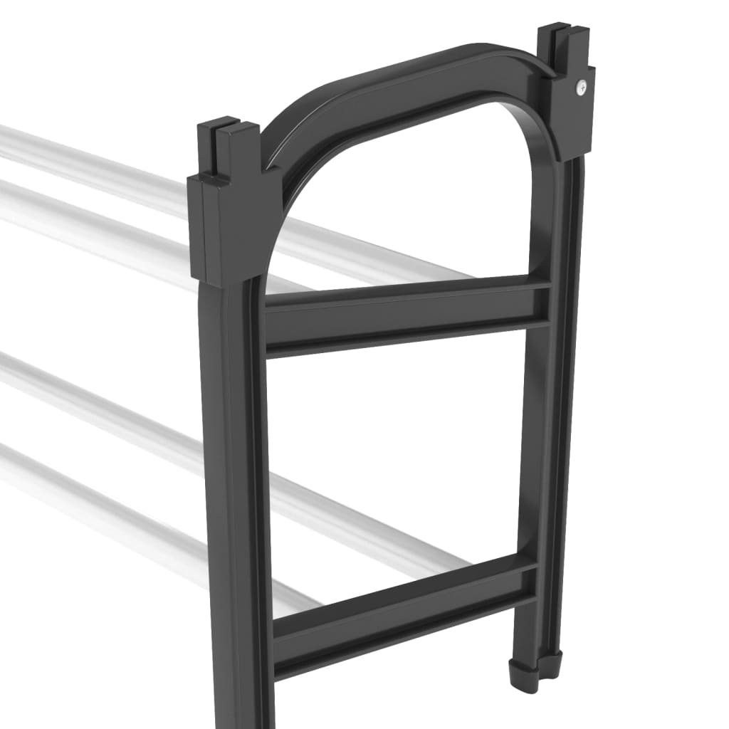 Black and silver extendable aluminum shoe rack with two shelves and sturdy frame.
