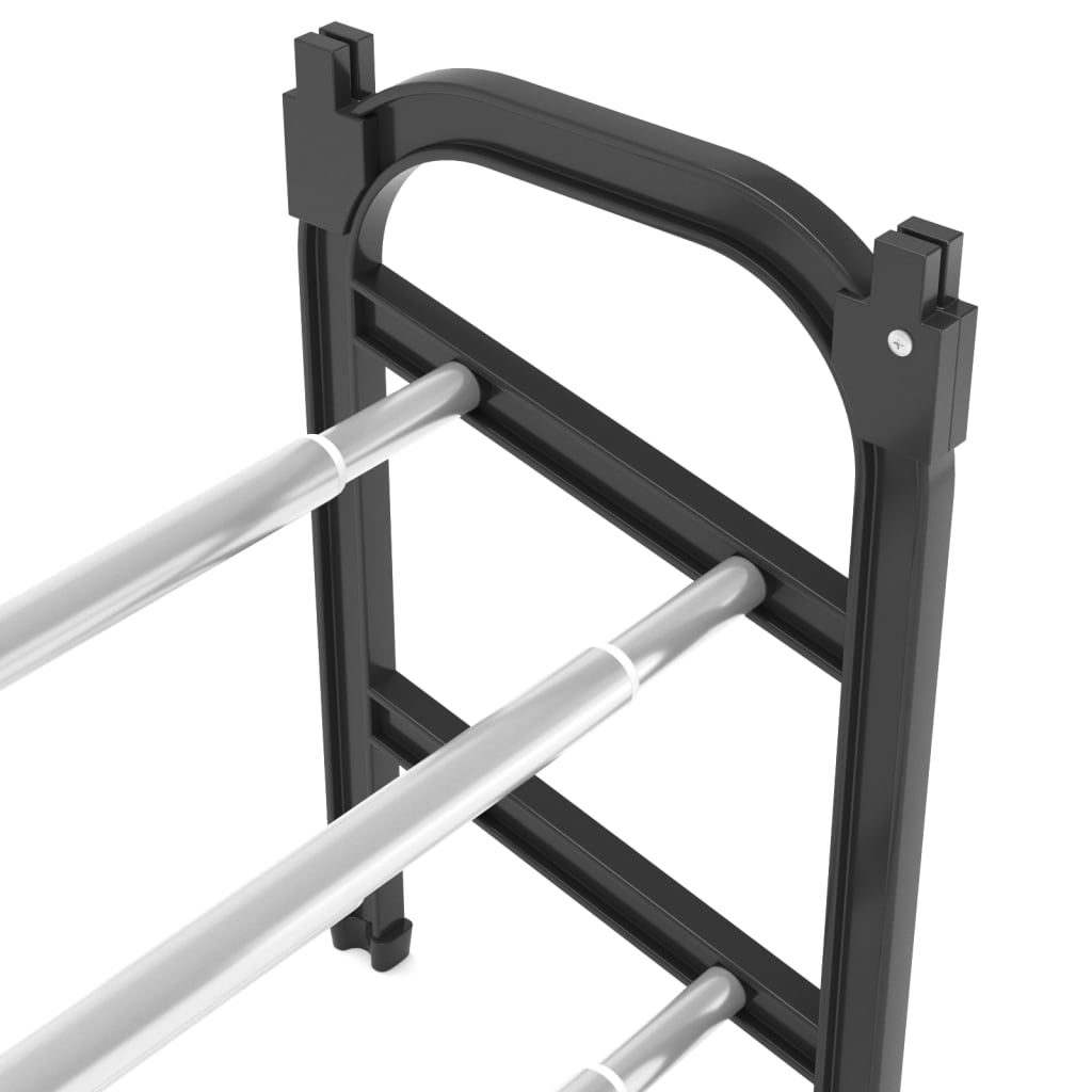 A black and silver extendable aluminum shoe rack with two shelves.