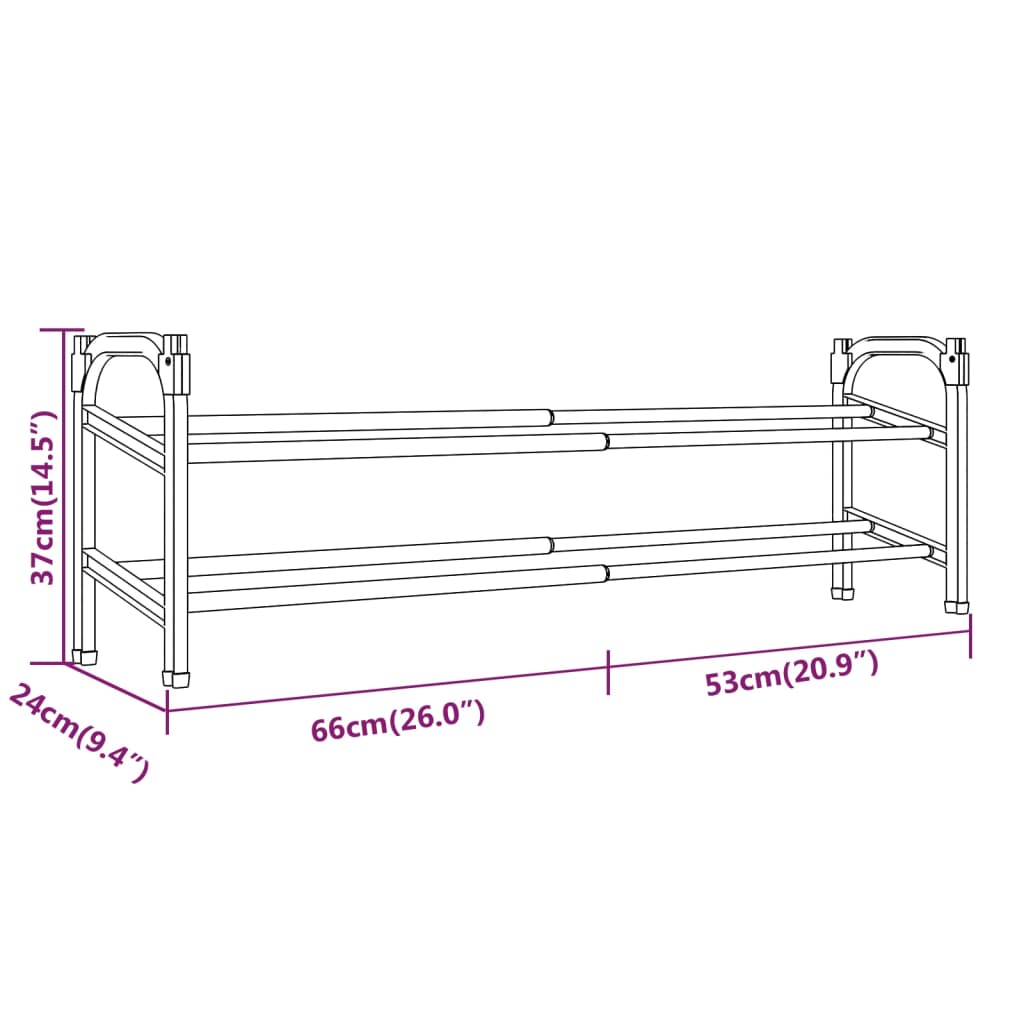 Extendable black and silver aluminum shoe rack with two shelves and dimensions shown.
