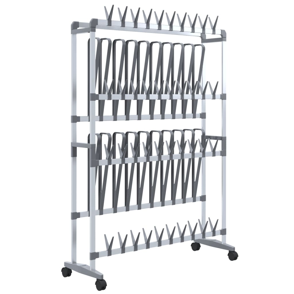 Silver aluminum shoe rack with three tiers and wheels, measuring 35x10.6x47.2 inches.