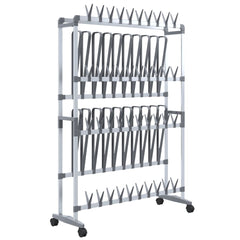Silver aluminum shoe rack with three tiers and wheels, measuring 35x10.6x47.2 inches.