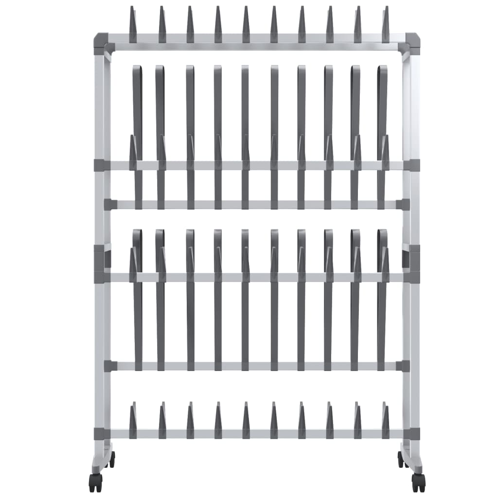 Silver aluminum shoe rack with four wheels and multiple tiers for organizing shoes and boots.