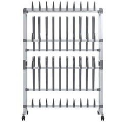 Silver aluminum shoe rack with four wheels and multiple tiers for organizing shoes and boots.