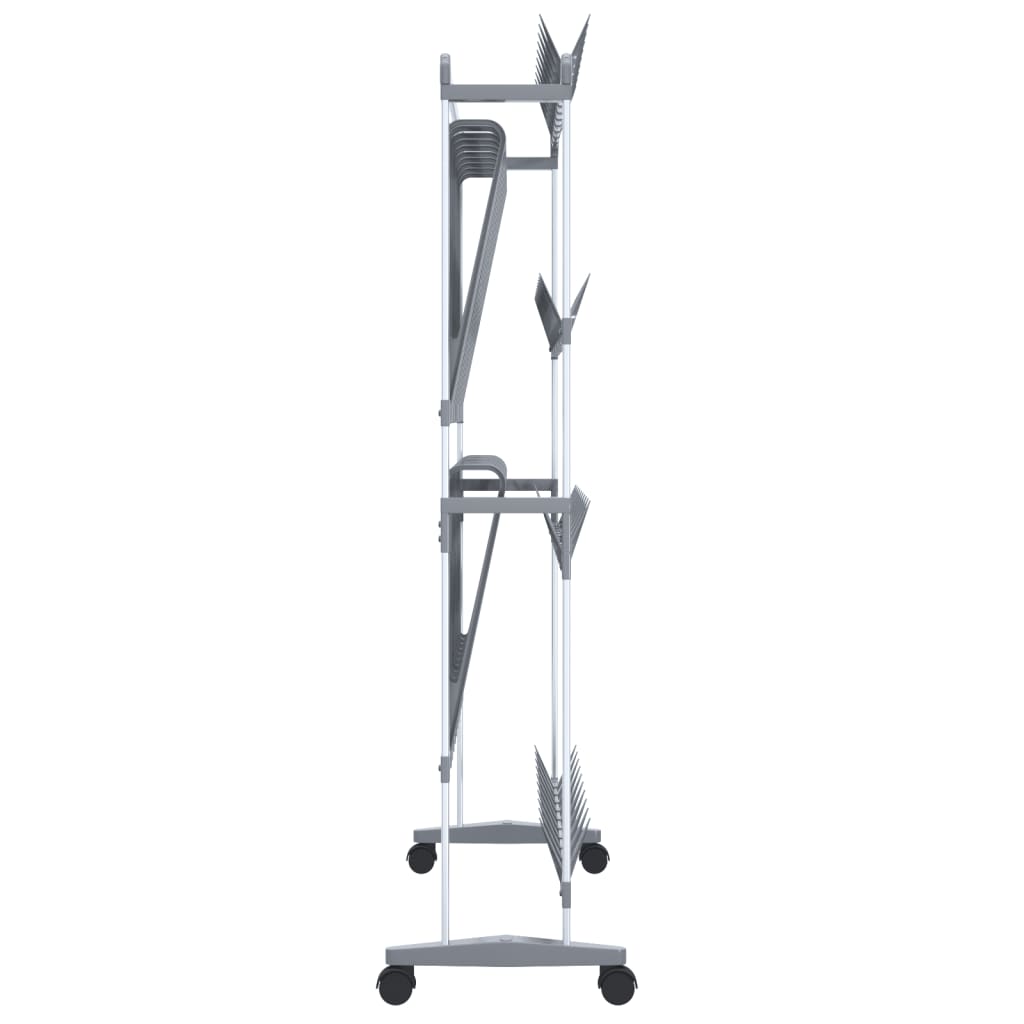 Silver aluminum shoe rack with wheels, measuring 35x10.6x47.2 inches.