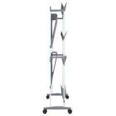 Silver aluminum shoe rack with wheels, measuring 35x10.6x47.2 inches.