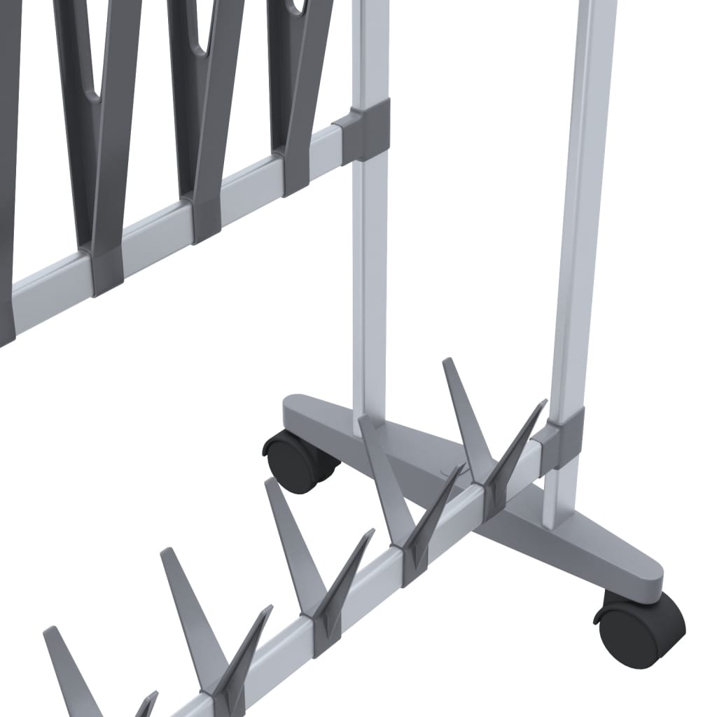 Silver aluminum shoe rack with wheels and angled supports for boots and shoes.