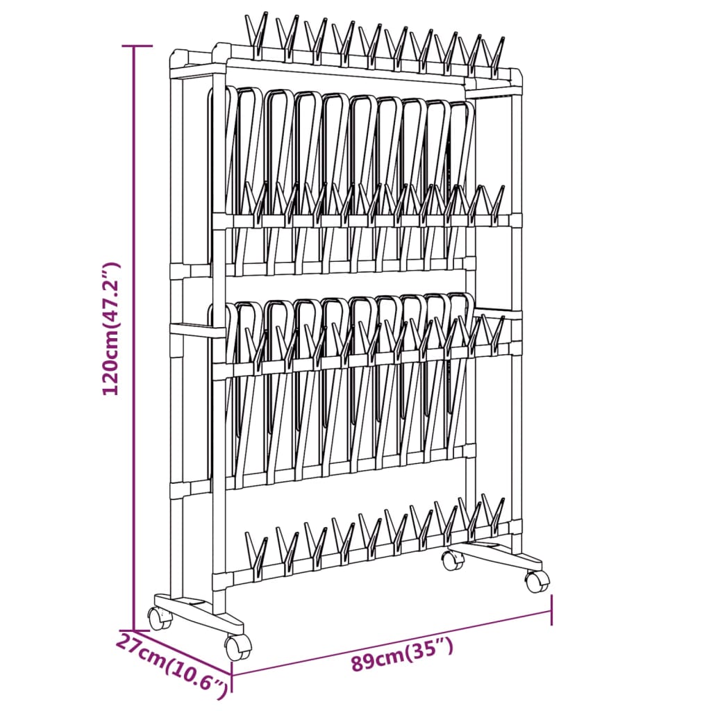 Silver aluminum shoe rack with wheels, measuring 35x10.6x47.2 inches, holds multiple pairs of shoes.