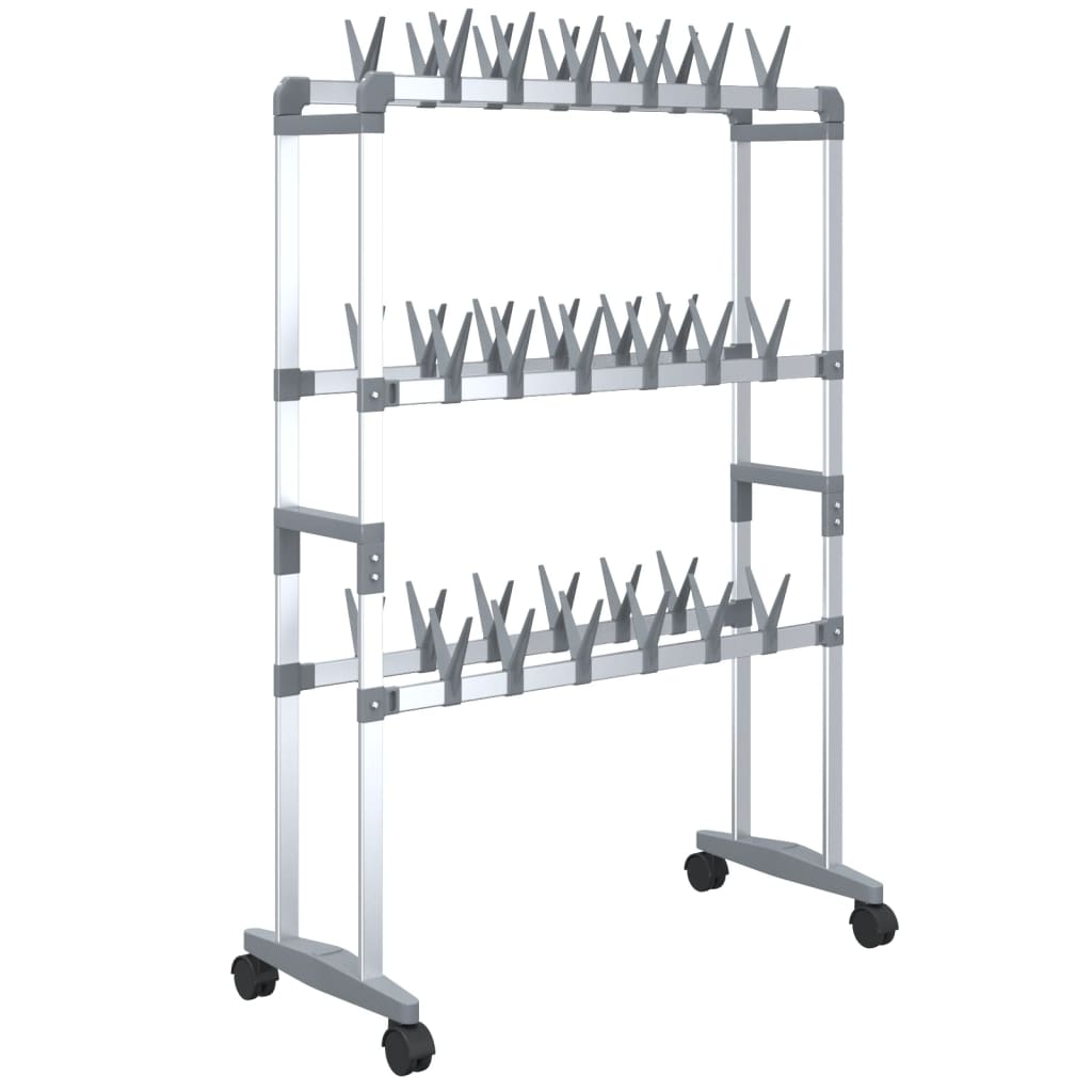 Silver aluminum shoe rack with three tiers of hooks and wheels, measuring 26x10.6x39.4 inches.