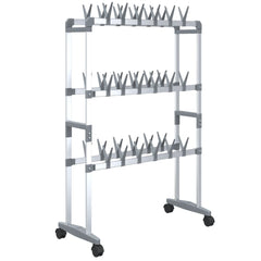 Silver aluminum shoe rack with three tiers of hooks and wheels, measuring 26x10.6x39.4 inches.