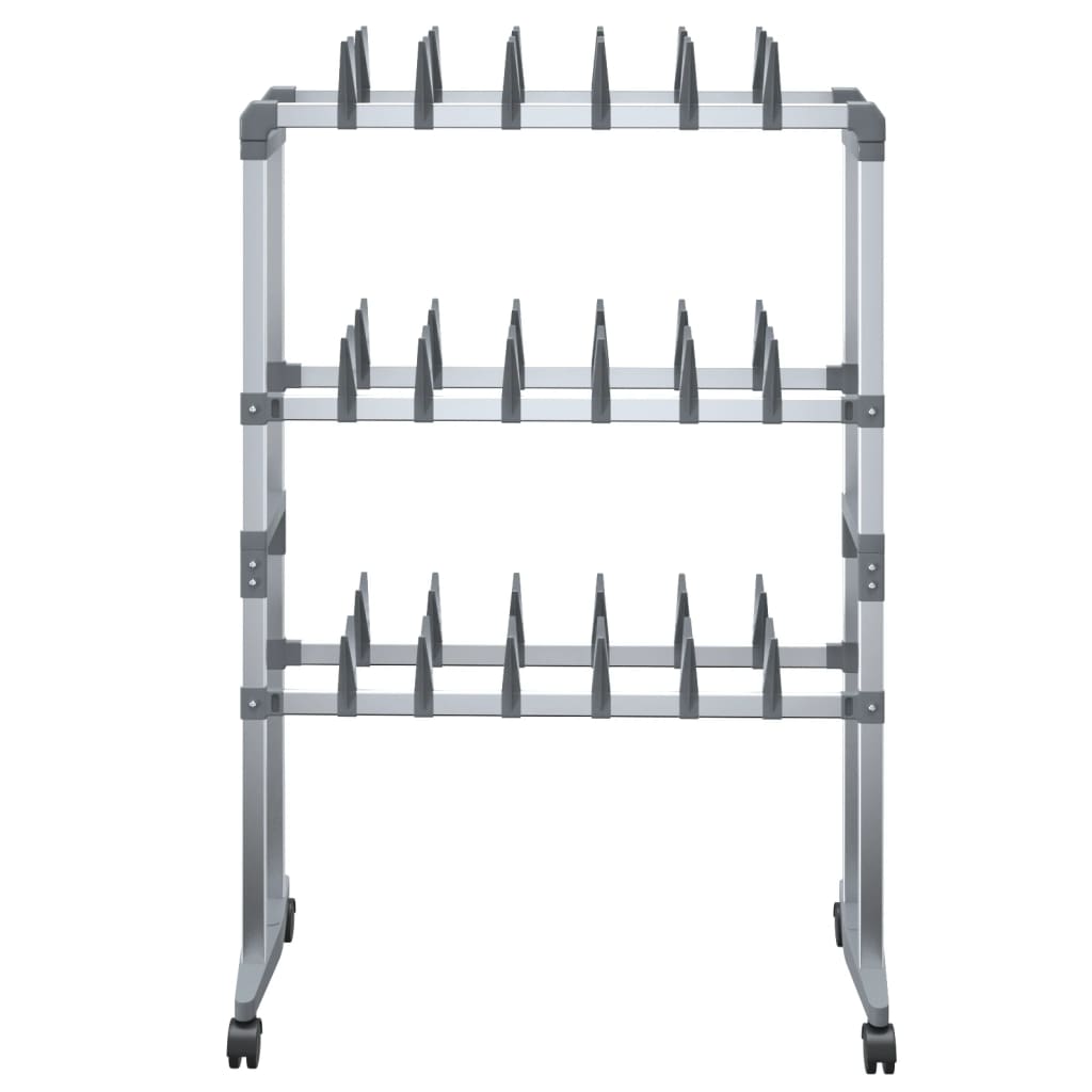 Silver aluminum shoe rack with wheels, two tiers holding multiple pairs, 26x10.6x39.4 inches.