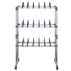 Silver aluminum shoe rack with wheels, two tiers holding multiple pairs, 26x10.6x39.4 inches.