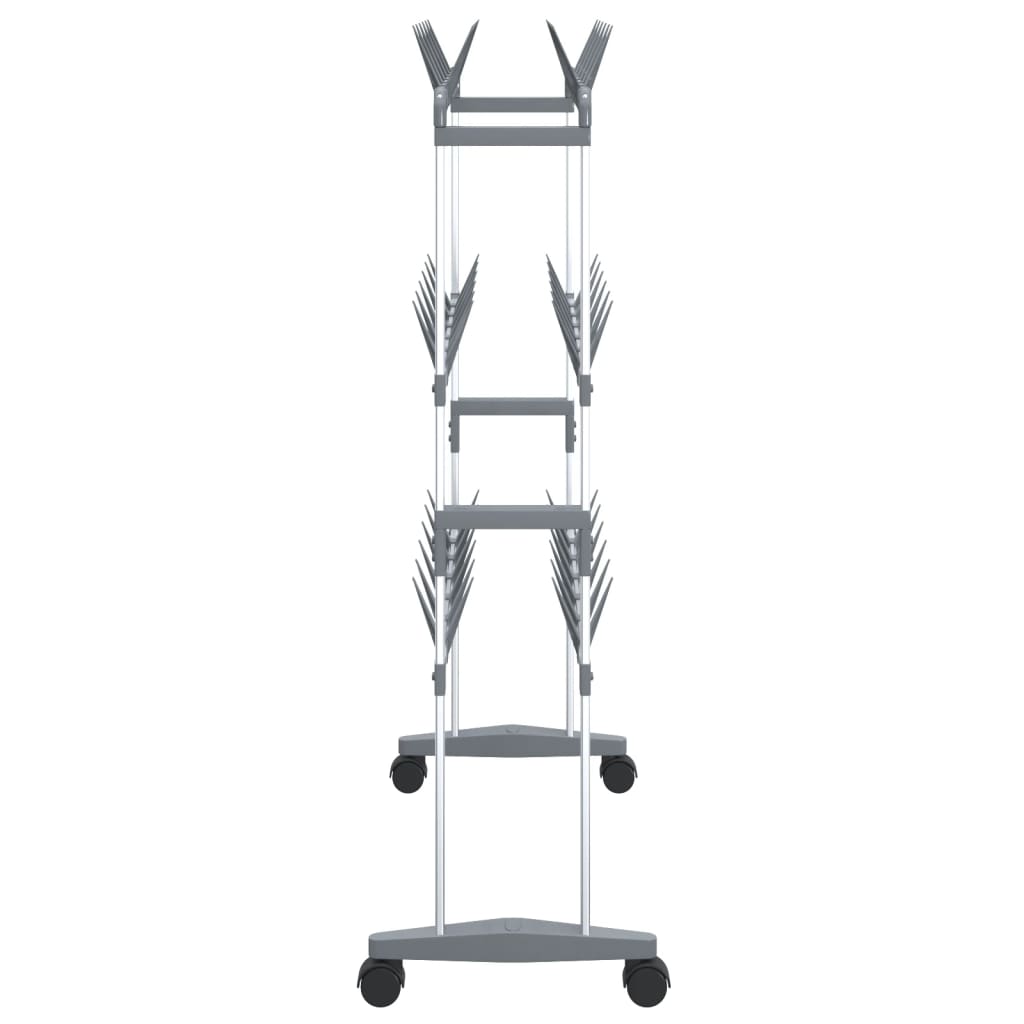 Silver aluminum shoe rack with multiple tiers and wheels for easy mobility.