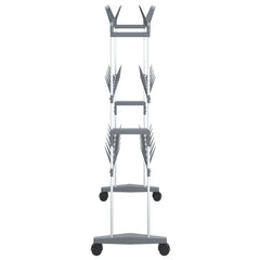 Silver aluminum shoe rack with multiple tiers and wheels for easy mobility.