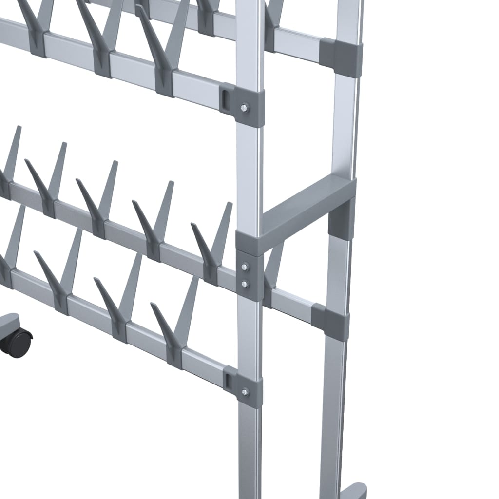 Silver aluminum shoe rack with wheels and angled shelves for shoe storage