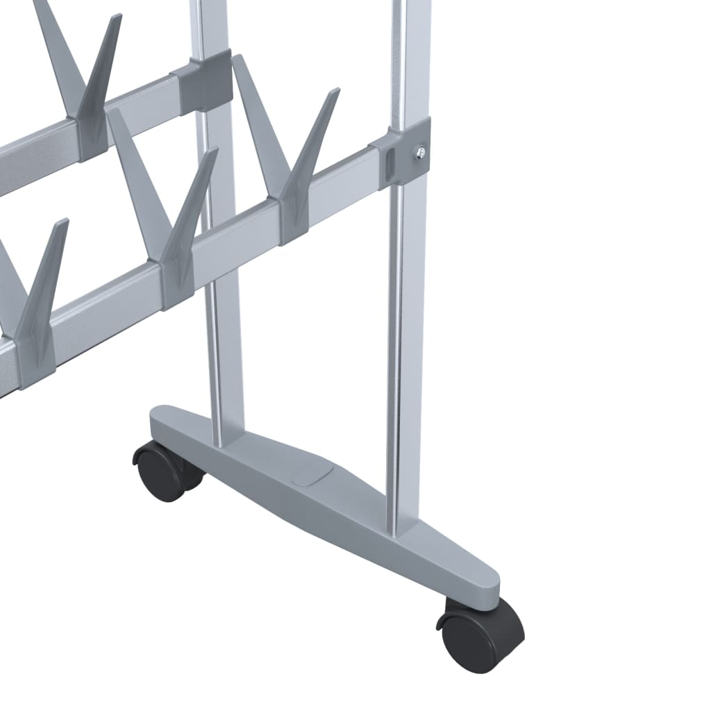 Silver aluminum shoe rack with wheels, measuring 26x10.6x39.4 inches.