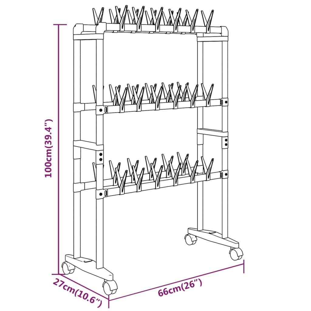 Silver aluminum shoe rack with three tiers and wheels, measuring 26x10.6x39.4 inches.