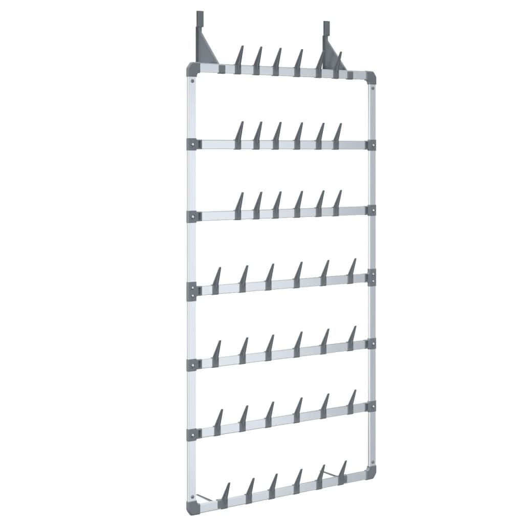 Silver aluminum hanging shoe rack with 7 rows for 21 pairs, wall-mountable.