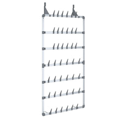 Silver aluminum hanging shoe rack with 7 rows for 21 pairs, wall-mountable.