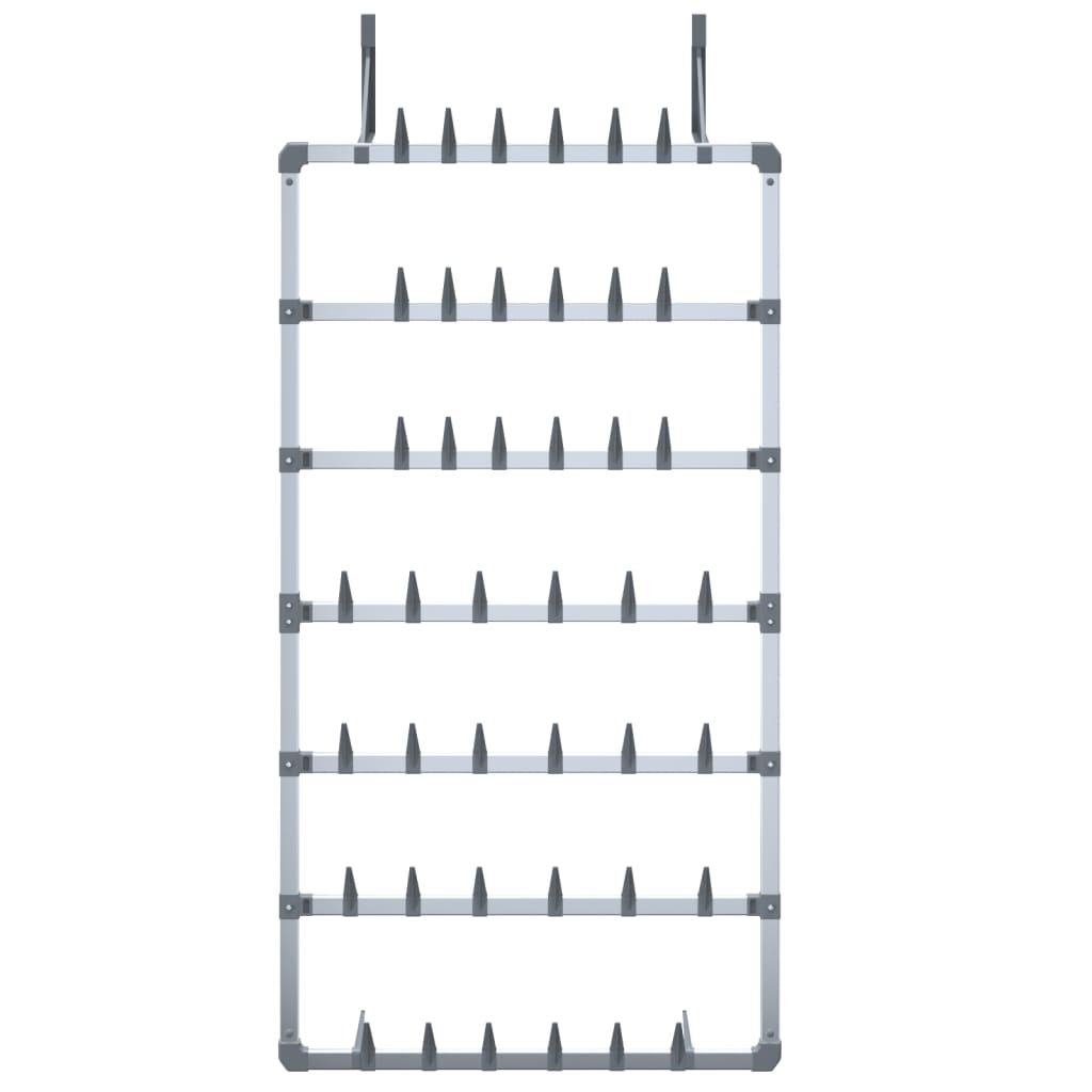 Silver aluminum hanging shoe rack with 7 rows for 21 pairs of shoes.