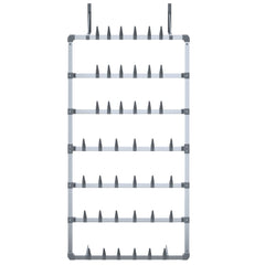 Silver aluminum hanging shoe rack with 7 rows for 21 pairs of shoes.