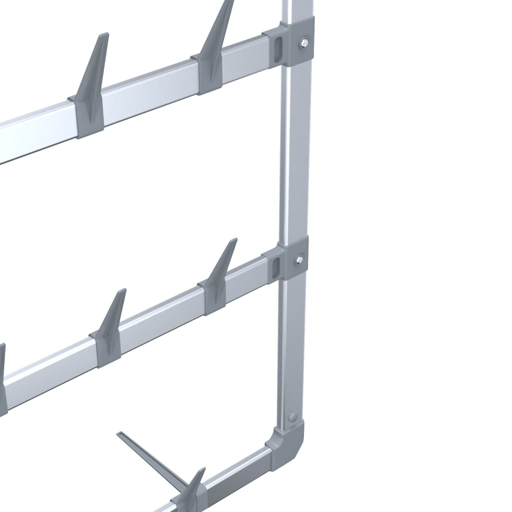 Silver aluminum hanging shoe rack with 7 rows for 21 pairs of shoes.
