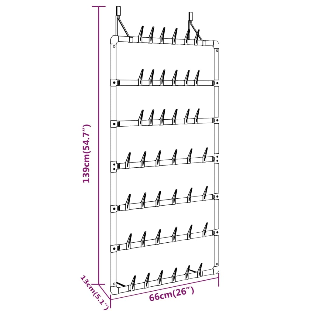 Silver aluminum hanging shoe rack with 7 rows for 21 pairs, measuring 26 by 54.7 inches.