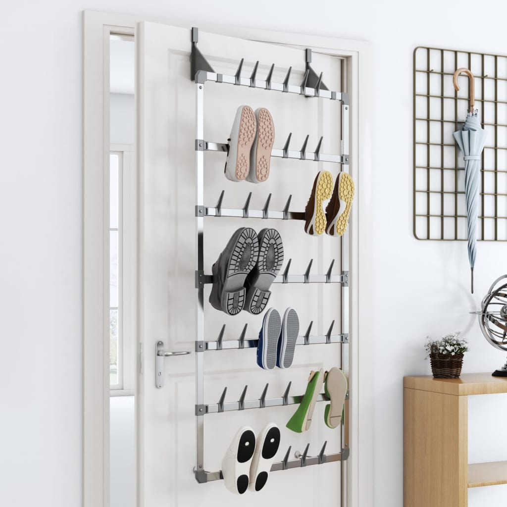 Silver aluminum over-door shoe rack with 7 rows holding 21 pairs of various shoes.