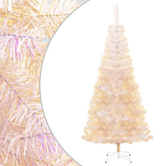 6ft tall white iridescent artificial Christmas tree with a sturdy steel stand and lush branch tips.