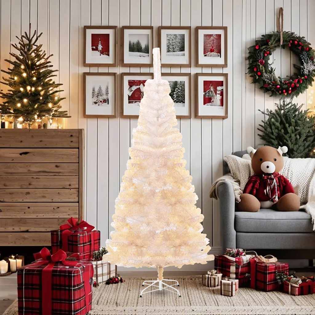 6ft tall white iridescent artificial Christmas tree with a sturdy steel stand and vibrant branch tips.