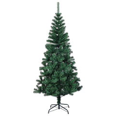 An 8-foot green artificial Christmas tree with iridescent PVC tips and a sturdy steel stand.
