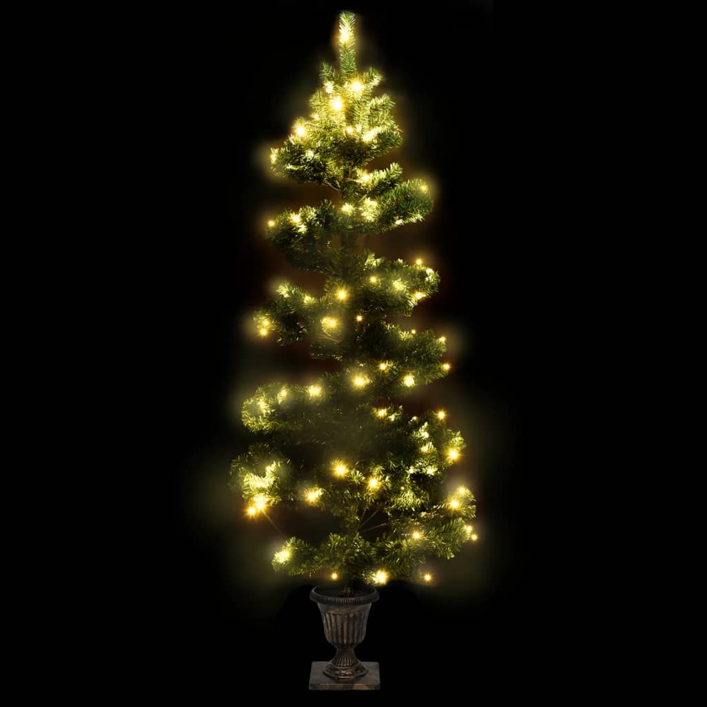 4ft green swirl PVC Christmas tree with 80 warm white LEDs in a steel pot base.