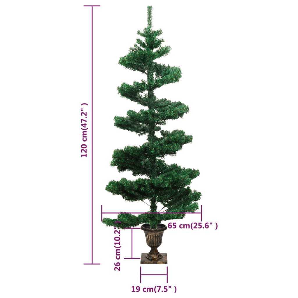 4ft green swirl PVC Christmas tree with 80 pre-lit LEDs and measurements shown.