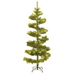A 5ft green PVC Christmas tree with swirl shape, pre-lit with warm white LEDs, and metal stand.