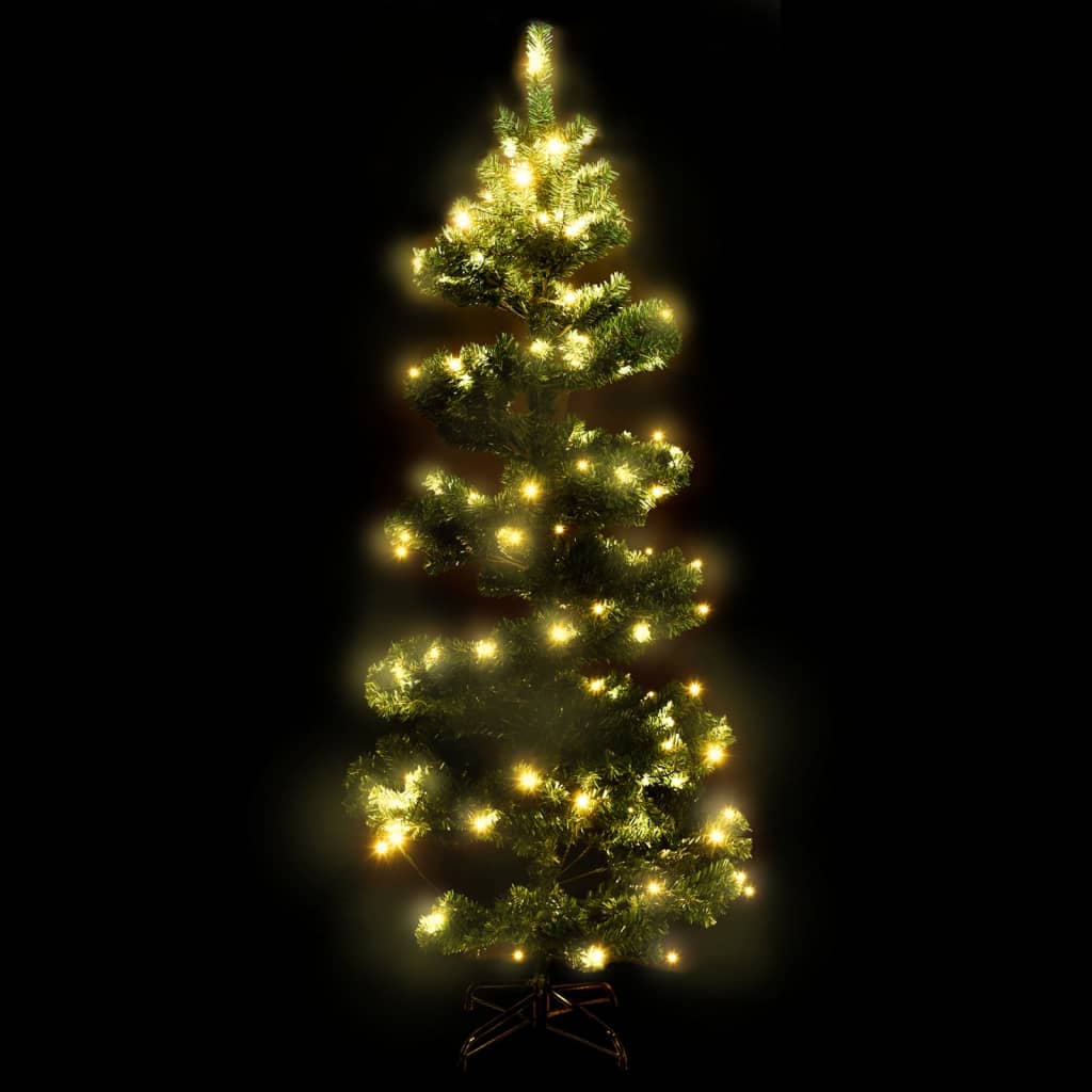 A 5ft green PVC Christmas tree with swirl design, pre-lit with warm white LEDs, and steel stand.