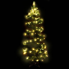 A 5ft green PVC Christmas tree with swirl design, pre-lit with warm white LEDs, and steel stand.