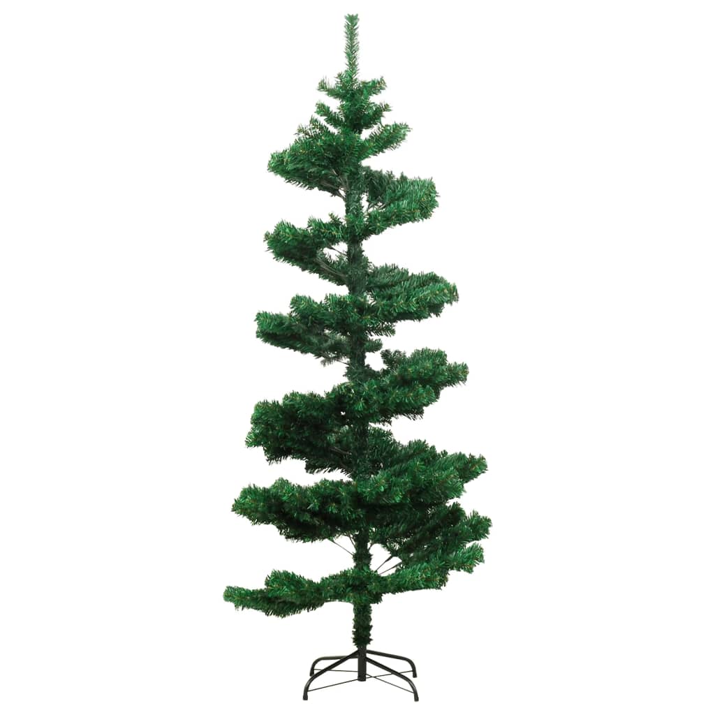 5ft green PVC Christmas tree with swirl design, pre-lit with 120 warm white LEDs, and metal stand.