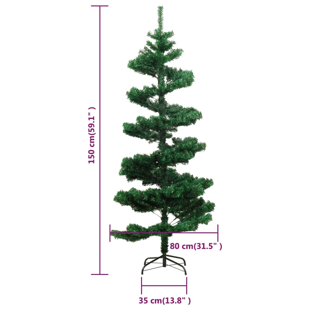 5ft pre-lit green PVC Christmas tree with swirl design, stand, and size measurements.