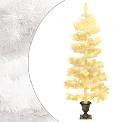 A 4ft white swirl pre-lit PVC Christmas tree in a pot with warm white LED lights.