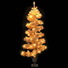 A 4ft white swirl pre-lit PVC Christmas tree in a steel pot with warm white LED lights.