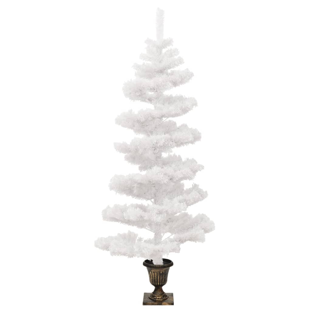 A 4ft white swirl pre-lit PVC Christmas tree in a bronze pot.
