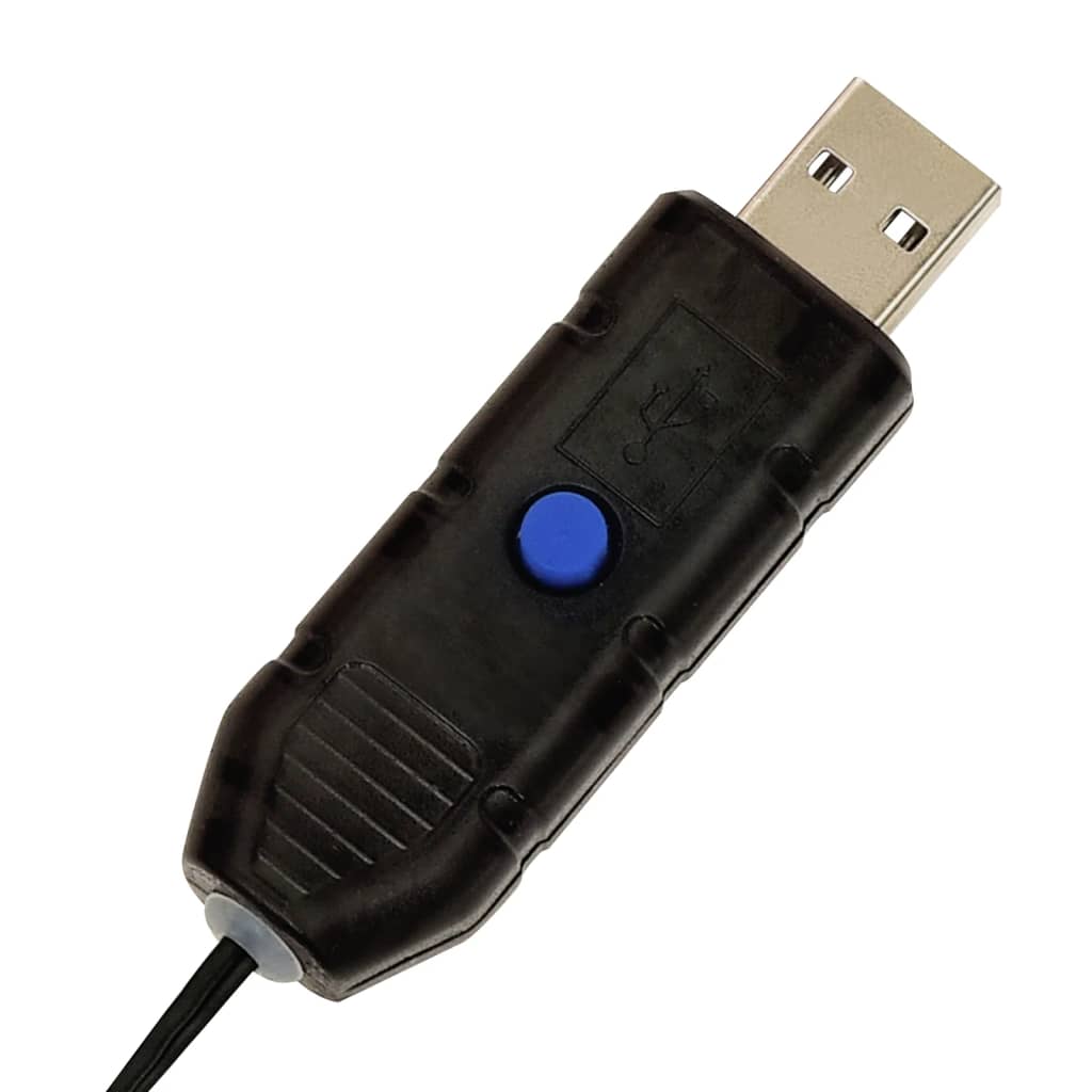 Black USB drive with blue button and protective cap, angled view.