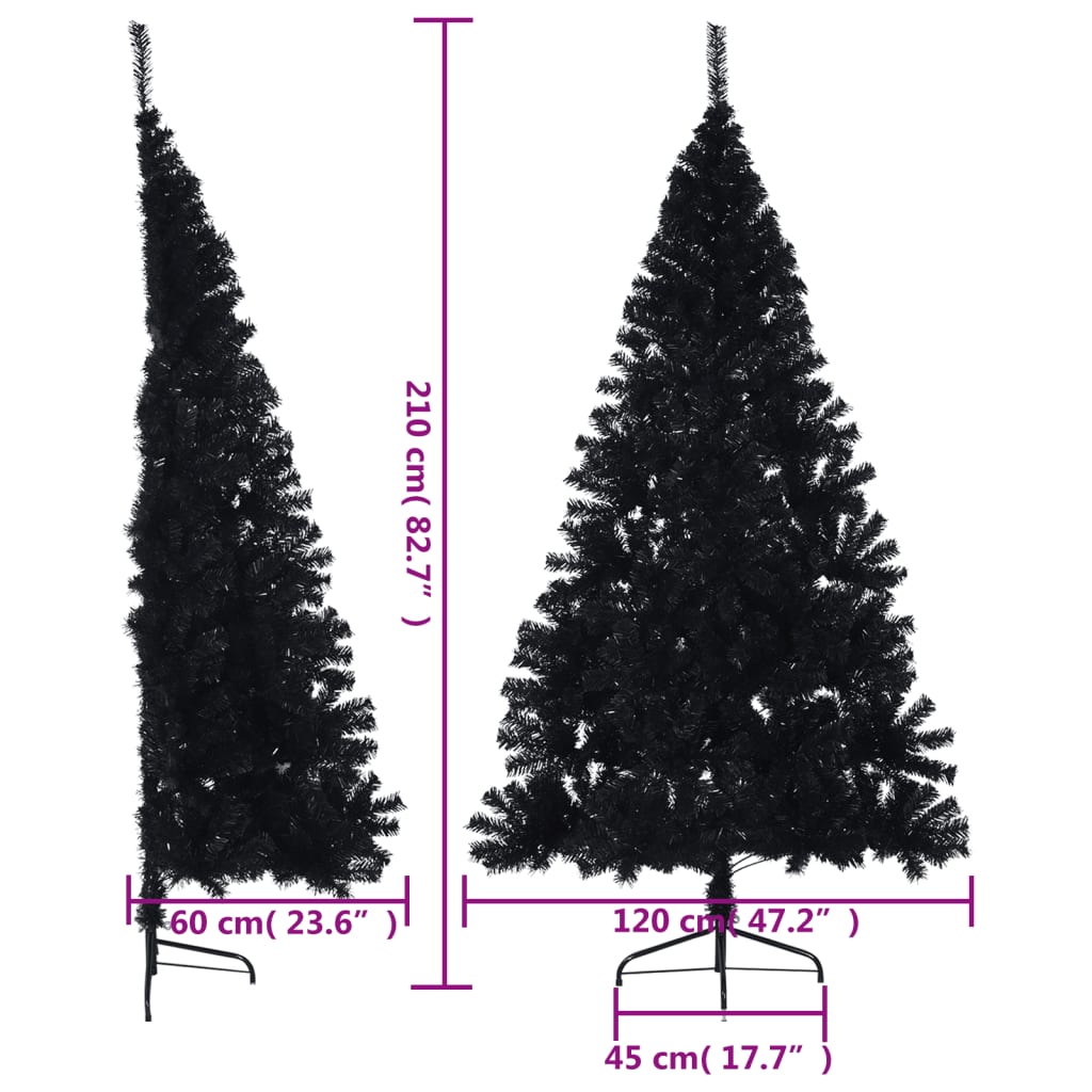 7 ft black artificial half Christmas tree with steel stand, shown with dimensions.